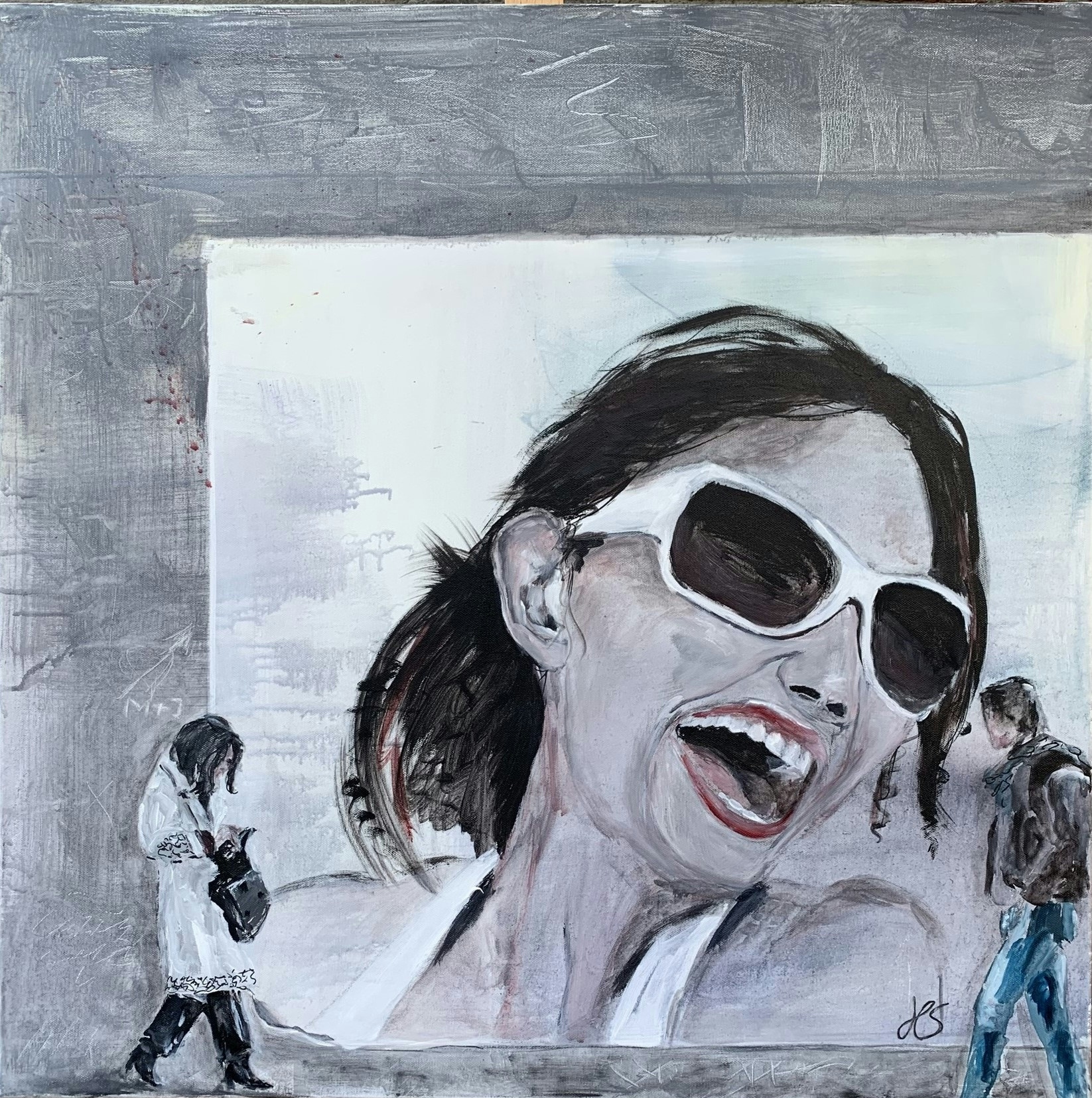 The artwork by Heike Schümann depicts an oversized, laughing woman on a poster, and people passing by